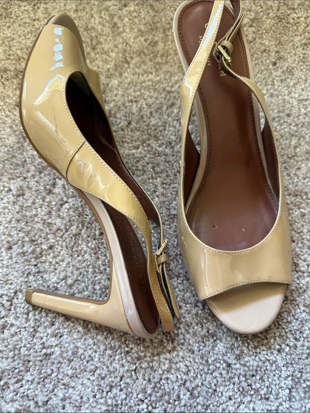 Cole Haan Beige Patent Slingback Peep-Toe Heels